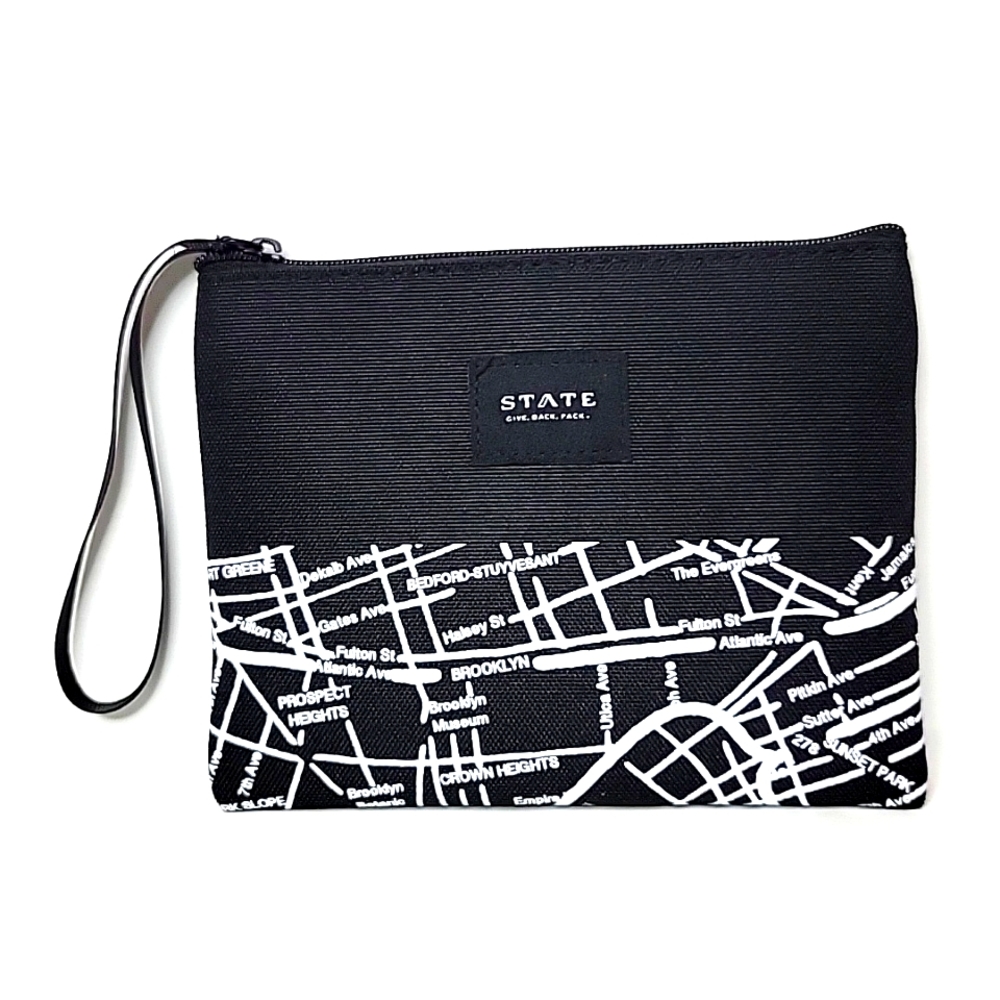 STATE by American Airlines Small Canvas Black White Map Zip Top Wristlet Bag